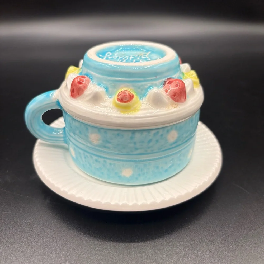 Russ Happy Birthday Cake Tea Coffee Cup with Handle & Saucer Decorated Gift Blue